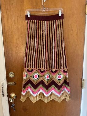SO Crochet Chevron Midi Skirt in Burgundy, Tan, Pink and Green